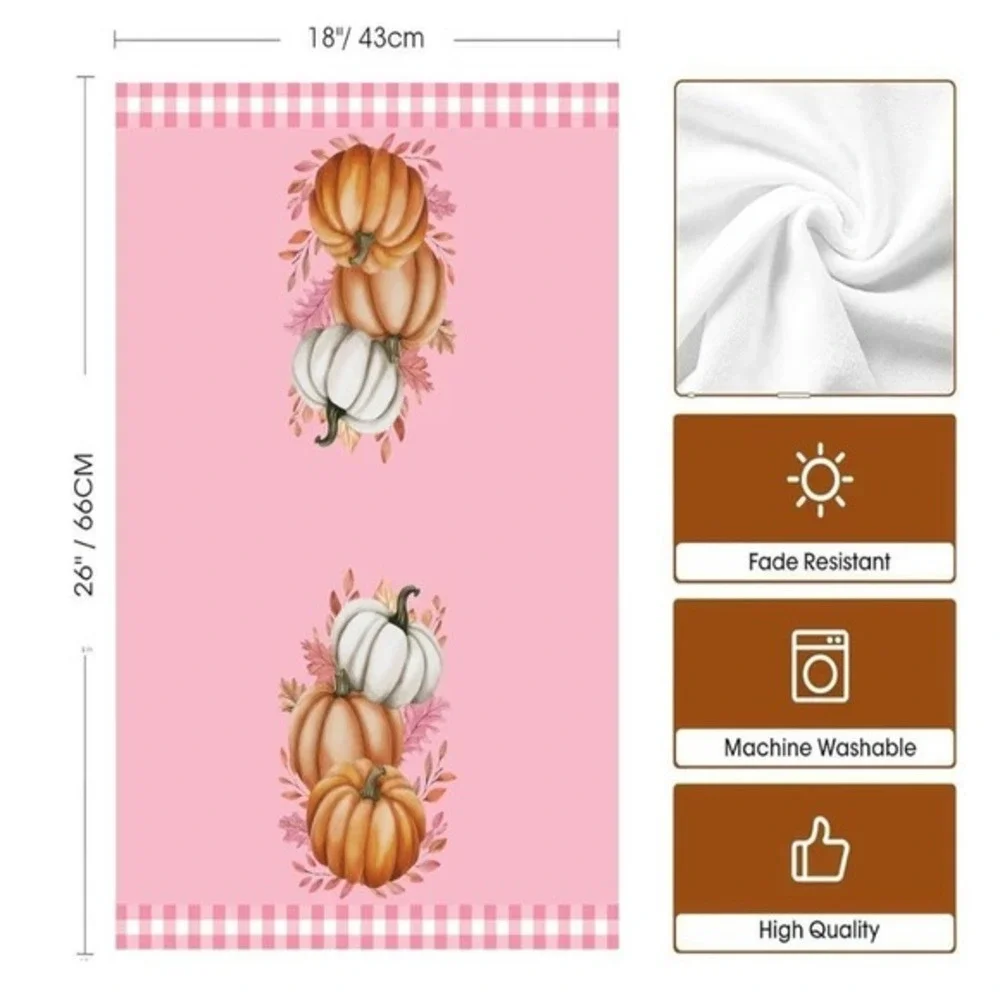 Pink Fall Pumpkin Kitchen Towels Set of 4‎ Thanksgiving Gingham Harvest Decor